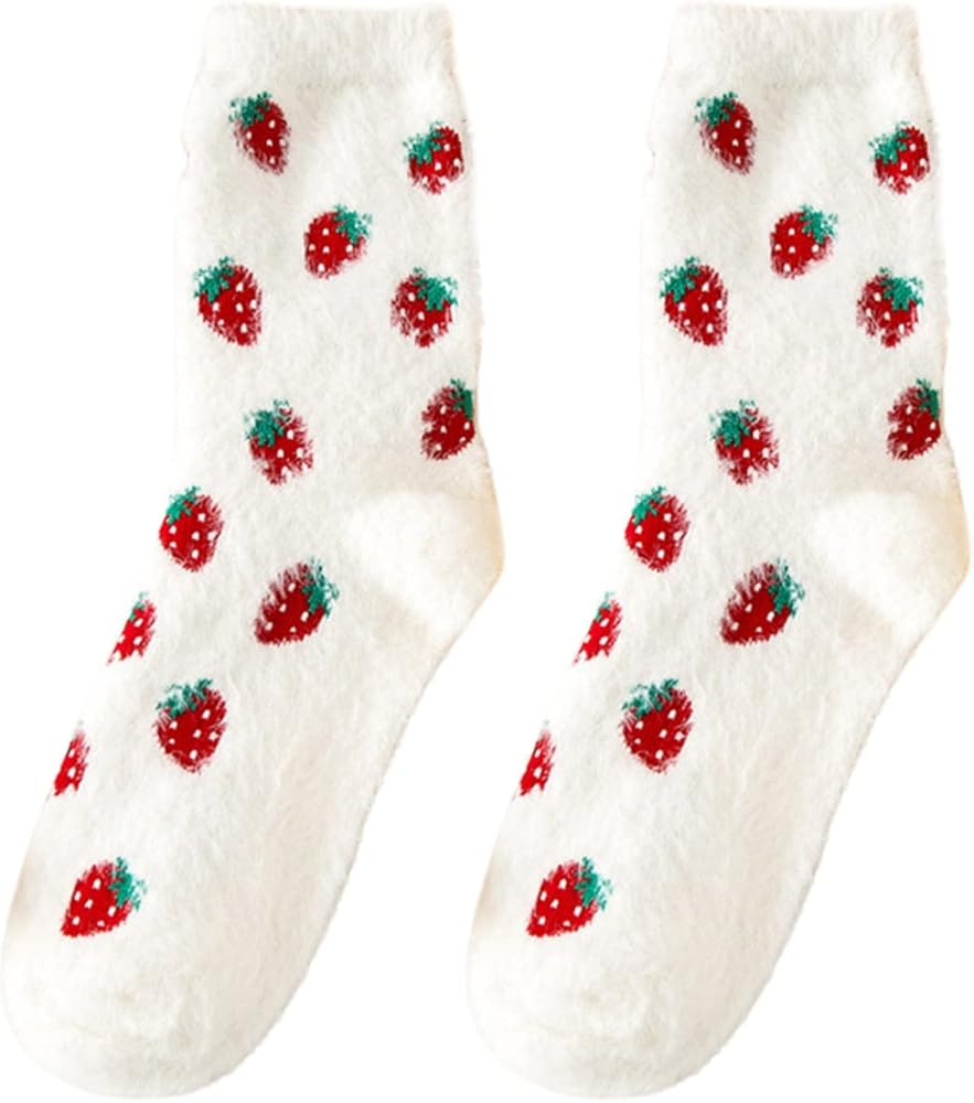 Womens Fuzzy Socks Fruits Patterned Cozy Fluffy Winter Warm Slipper Socks Fluffy Soft Slipper Home Sleeping Cute Socks