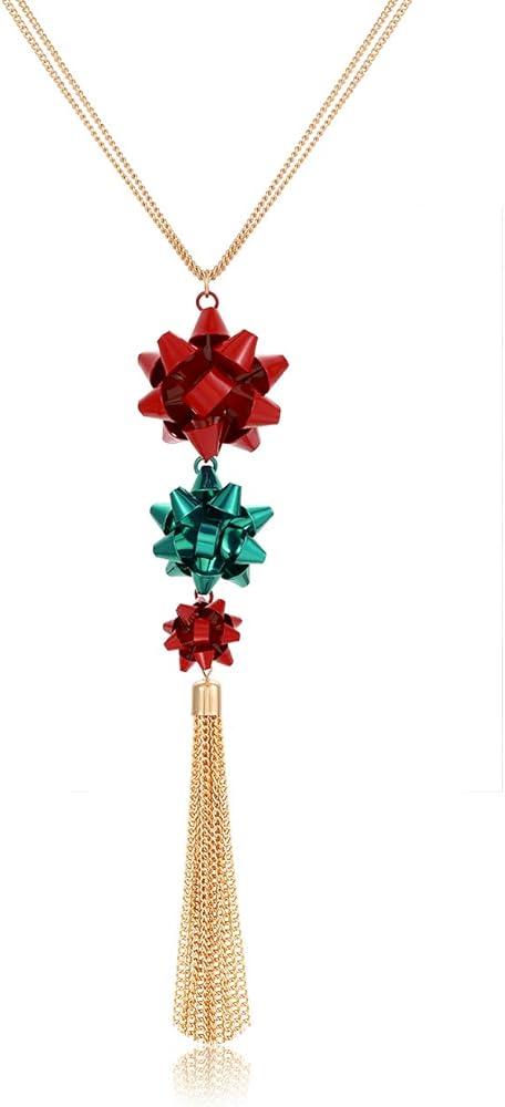 CEALXHENY Christmas Necklace for Women Festive Bow Pendant Necklaces Delicate Chain Tassel Necklace Long Necklace Holiday Gift for Women