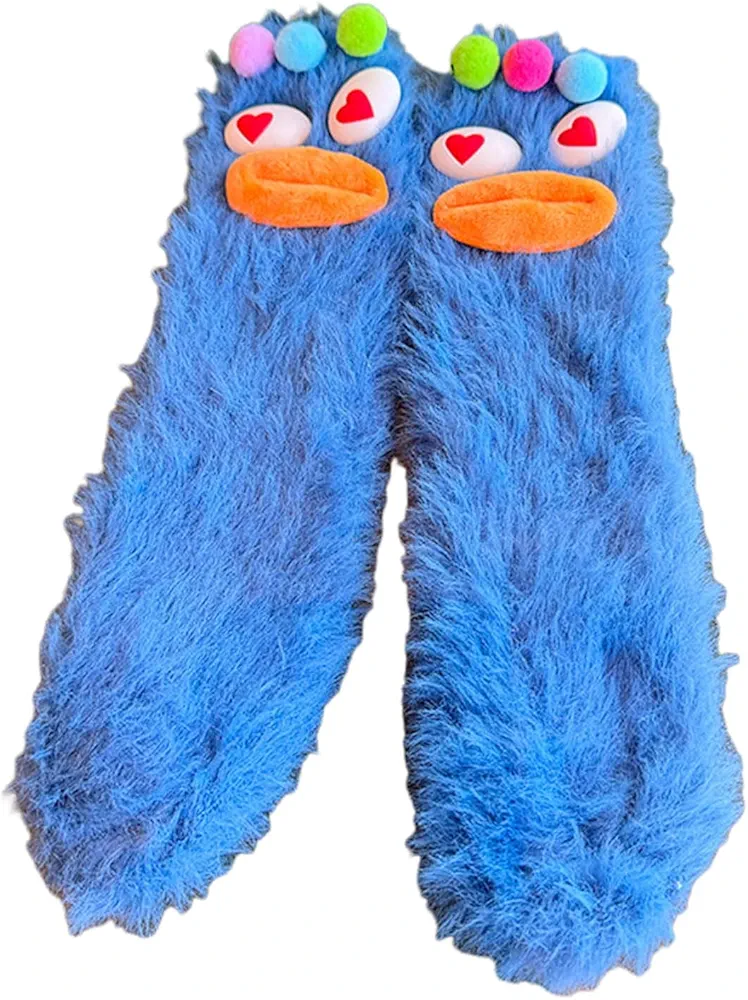 Women 3D Braid Sausage Mouth Ugly Doll Furry Slipper Socks Bright Color Thick Warm Thermal Fuzzy Home Sleep Socks