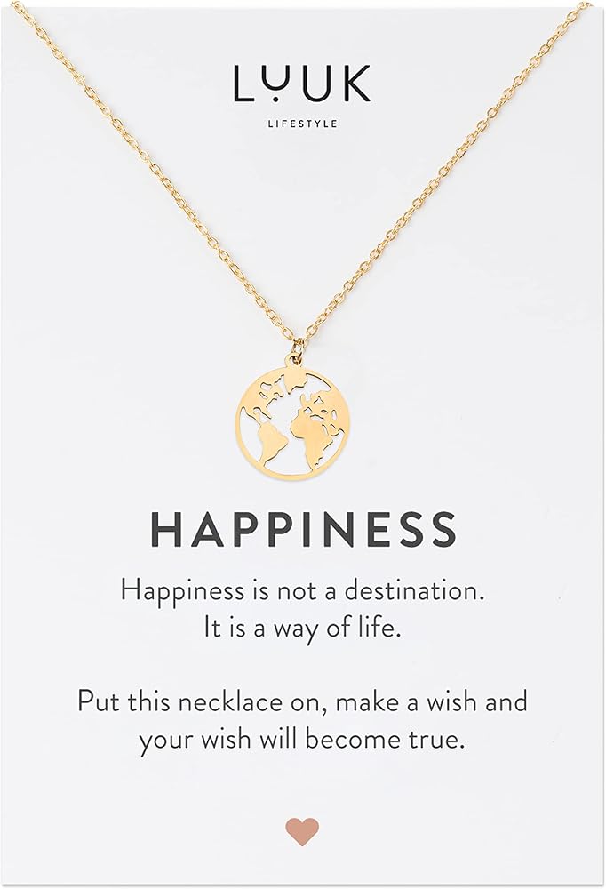 LUUK LIFESTYLE Stainless steel necklaces for women with pendant, trendy jewelry card with Happiness saying, lucky charm, friendship gift, women's jewellery, trendy gift idea for her, silver, gold and rose