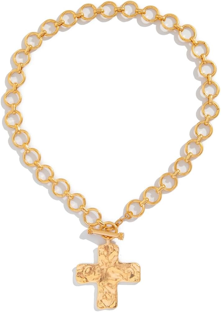 ZMANYIJEW Big Cross Necklace Chunky Statement Gold Cross Pendant Necklace Bold Hammered Cross Necklace Thick OT Buckle Chain Chunky Gold Statement Cross Pendant Necklace