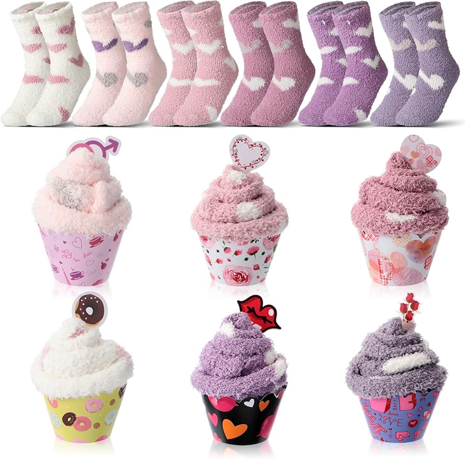 Jeyiour 6 Pairs Valentine's Day DIY Cupcake Fuzzy Warm Slipper Socks Heart Winter Thick Plush Gift Sock Soft Socks for Women Girl Home Sleeping Holiday, 6 Colors