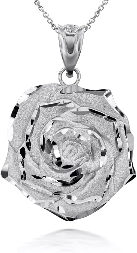 Elegant 925 Sterling Silver Rose Flower Floral Pendant Necklace