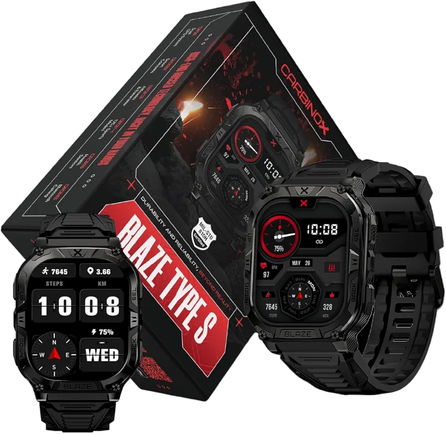CARBINOX Blaze Smart Watch with GPS (Sport Mode), Rugged Fitness Tracker Waterproof IP69K, Compatible with Android and iOS, 170+ Sports Modes, Gorilla Glass Screen, Make/Receive Calls (Square)