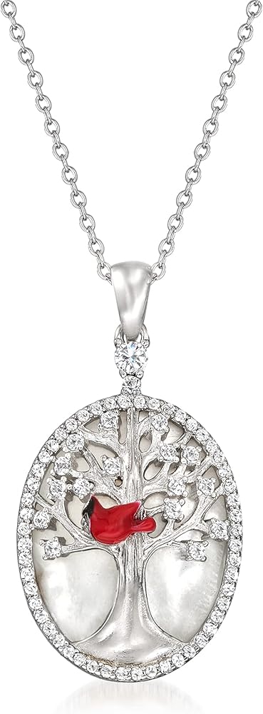 Ross-Simons Mother-Of-Pearl Tree Of Life Cardinal Pendant Necklace With .50 ct. t.w. White Topaz and Multicolored Enamel in Sterling Silver