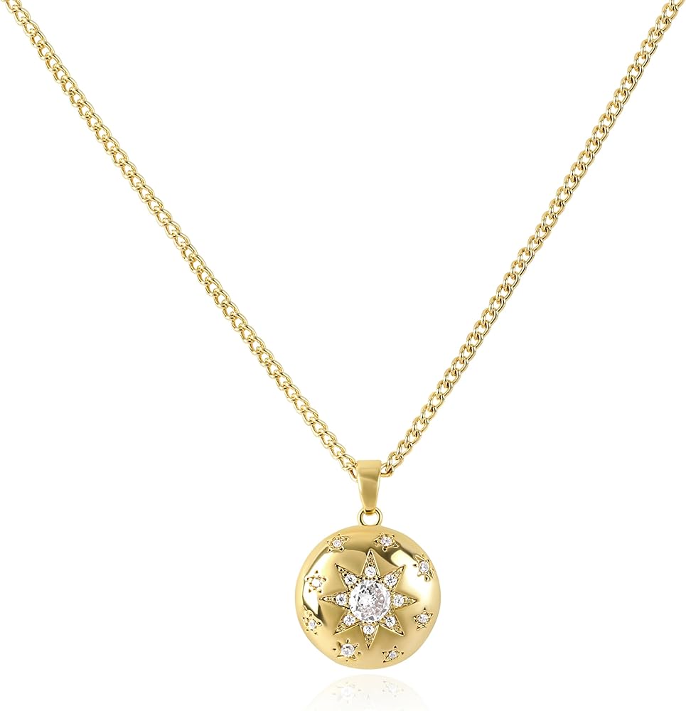 Gold Pendant Necklace for Women 14K Gold Plated Coin Pendant Necklace Adjustable Chain Disc Round Charm Initial Statement Necklace Trendy Jewelry Gift for Her