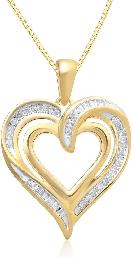 Jewelili Heart Necklace Pendant with Natural White Round and Baguette Diamonds 1/4 Cttw or 1/2 Cttw in Sterling Silver or Yellow or Rose Gold over Sterling Silver 18 Inches Box Chain
