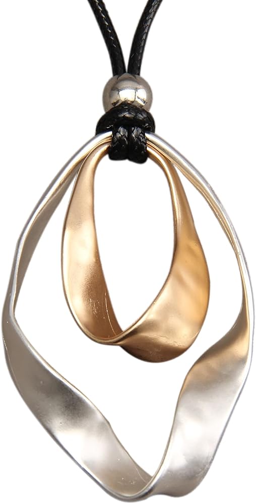 AZORA Handmade Bronze Color Multiple Ring Pendant Necklace Boho Style Long Leather Rope Sweater Necklace for Women