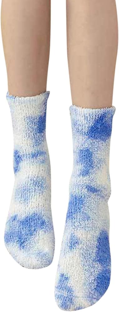 Womens Tie Dye Middle Socks Colorful Warm Soft Fuzzy Crew Socks Winter Indoor Home Sleeping Slipper Socks
