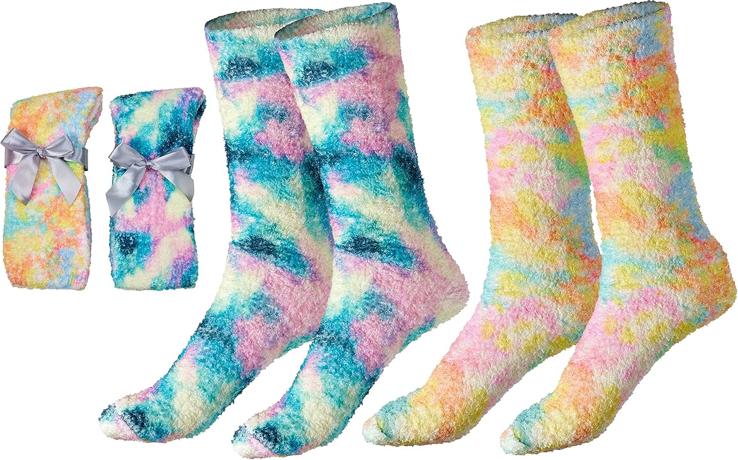 Gilbins Women's Cozy Tie Dye Slipper Fuzzy Fulffy Socks Set-Crew Socks Plush Socks, Loungewear 2 Pairs