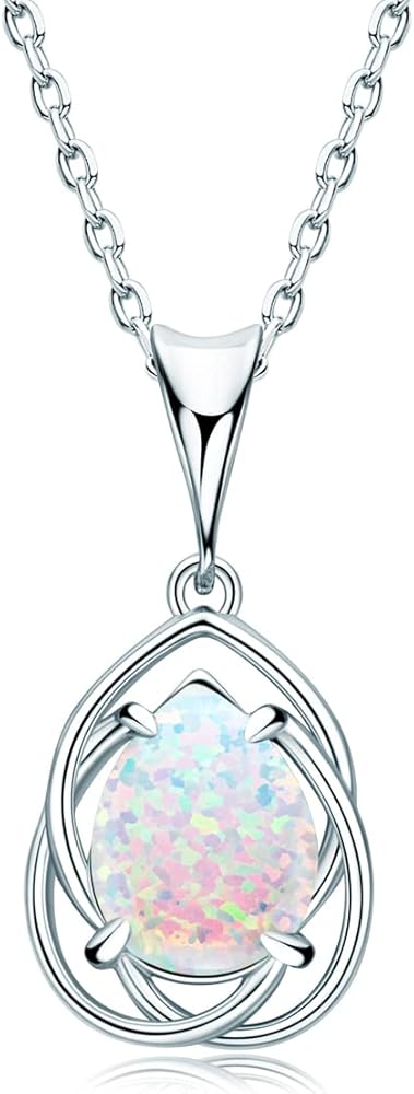 YUNKAI Sterling Silver Opal Necklace for Women, Pear Cut Gemstone Pendant, October Birthstone Necklace Teardrop Jewelry Gift for Birthday Christmas