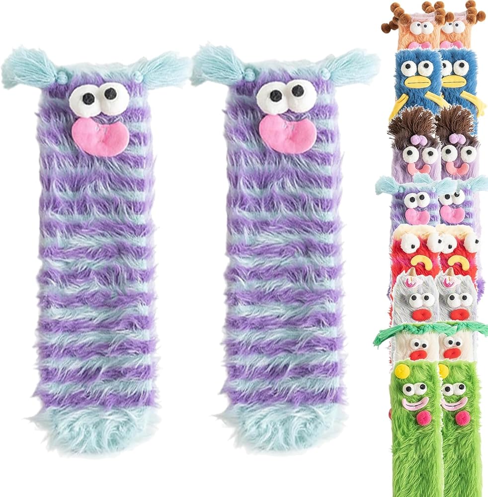 Warm Cozy Fluffy Cartoon Monster Socks,Cute Cartoon Plush Monster Sock For Women,Winter Warm Fuzzy Animal Sleeping Socks