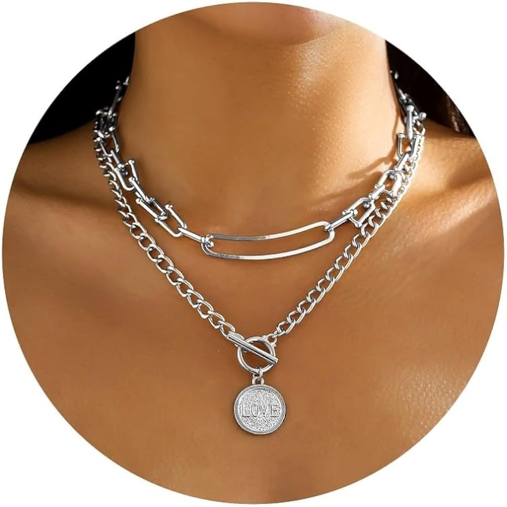 MJartoria Gold Layered Necklaces for Women Trendy Retro Coin Pendant Necklace Chunky Chain Choker Necklaces for Jewelry Birthday Gifts