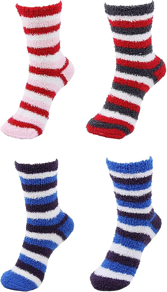 BambooMN Super Soft Warm Fuzzy Striped Socks - 4 Pair Assorted Packs