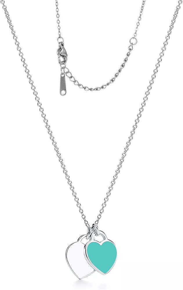 Silver Double Mini Heart Tag Pendant Necklace for Women, Cute Heart Necklace Jewelry for Valentines Gifts