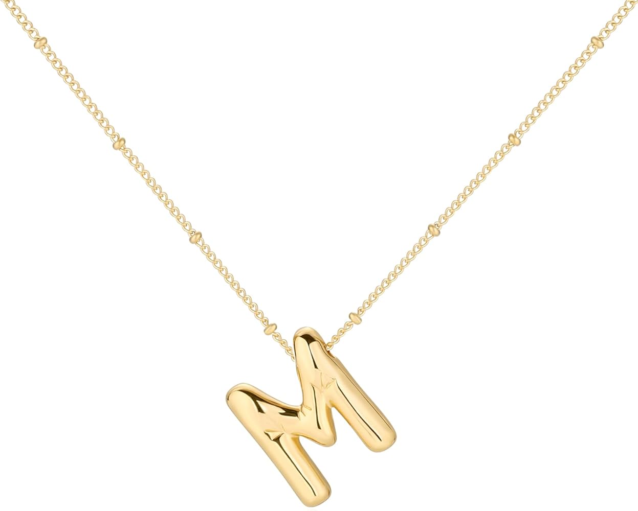 Bubble Initial Necklace Balloon Letter Necklaces for Women, 14K Gold Plated Dainty Pendant Chunky Alphabet Necklaces for Women Trendy Personalized Jewelry Gifts