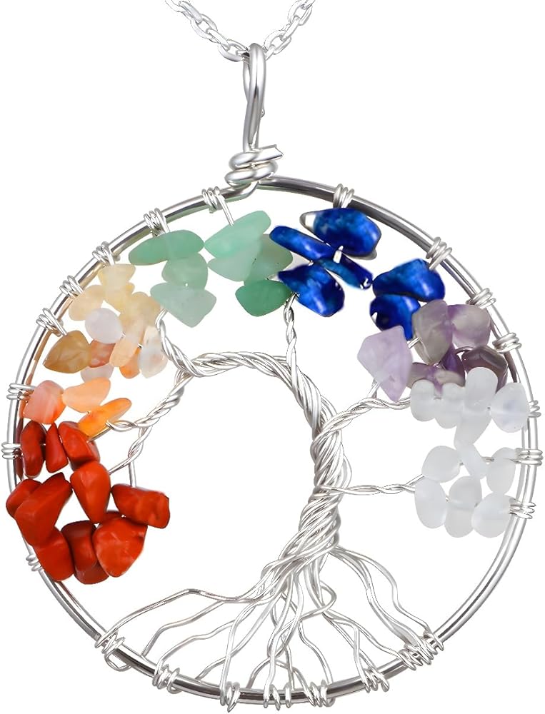 Christmas Chakras Necklace Tumbled Stones Crystals Copper Wirewrapped Tree of Life Pendant Necklace Unique Handmade Jewelry