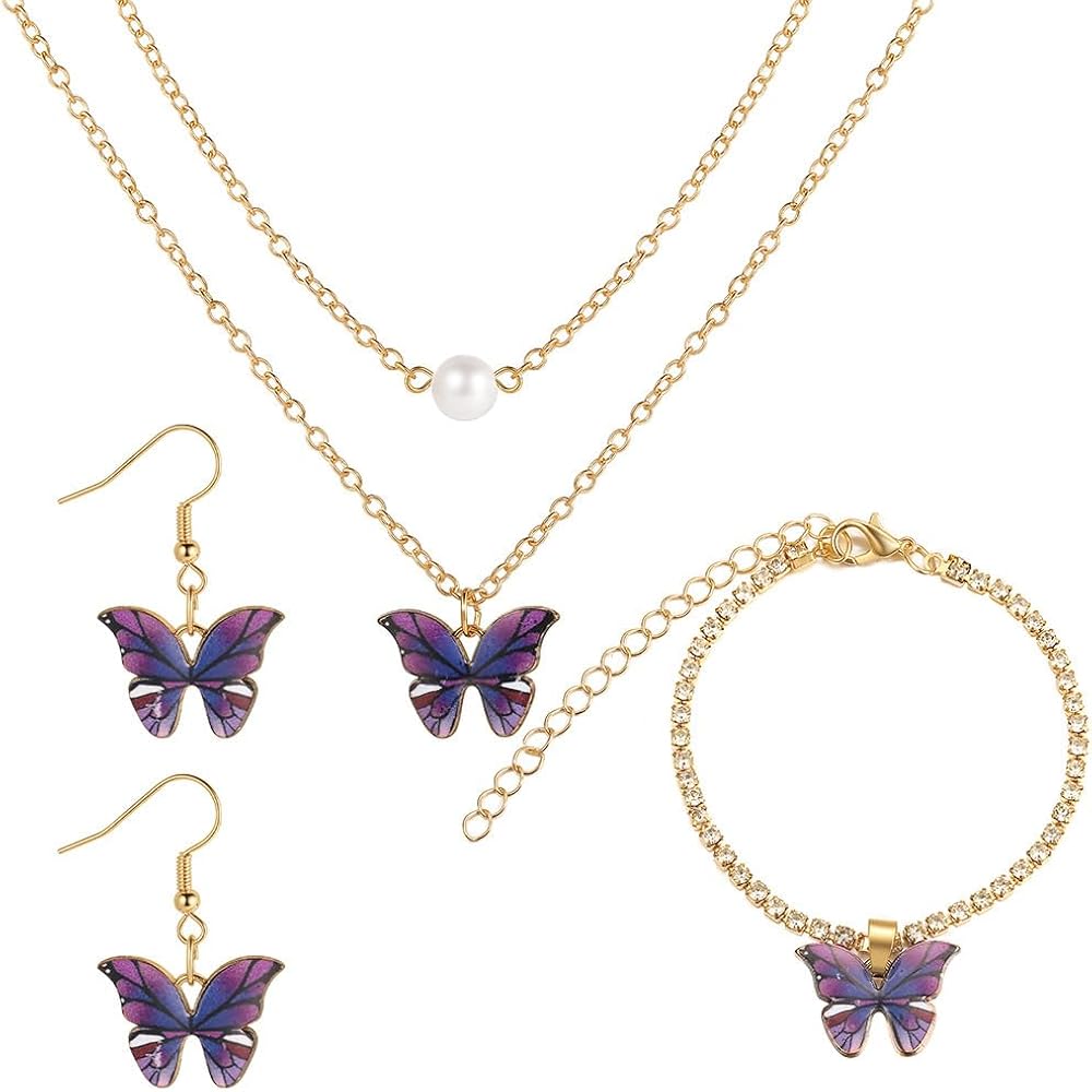 Butterfly Earrings Necklace Bracelets Set for Women Multicolor Butterfly Pendant Necklace Earrings Bracelets Gift for Women Girl Jewelry