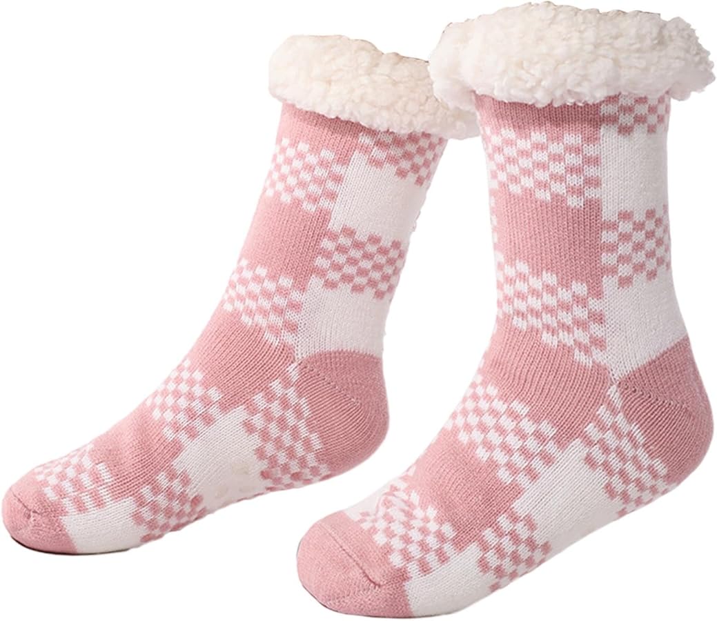 Slipper Socks Women Fuzzy Sherpa Socks Winter Sleep Socks Thick Plaid Cozy Socks Warm House Socks