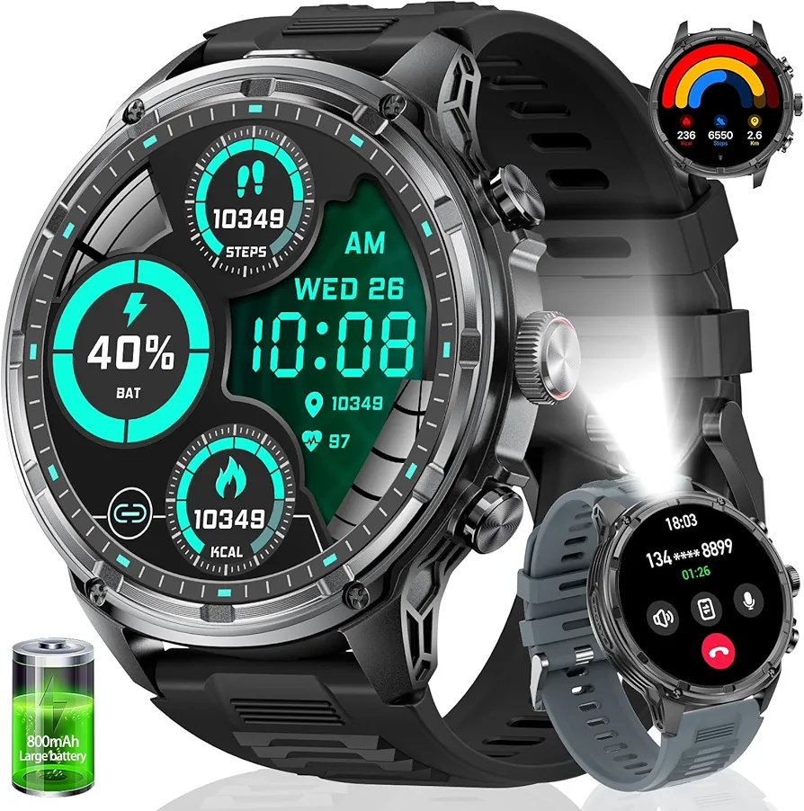 Smart Watches for Men(Answer/Make Call), 1.85" Extra Large Screen Smartwatch with Flashlight, 800mAh Extra-Long Battery, 100+ Sports Fitness Tracker Watch with Heart Rate Sleep for Android iOS