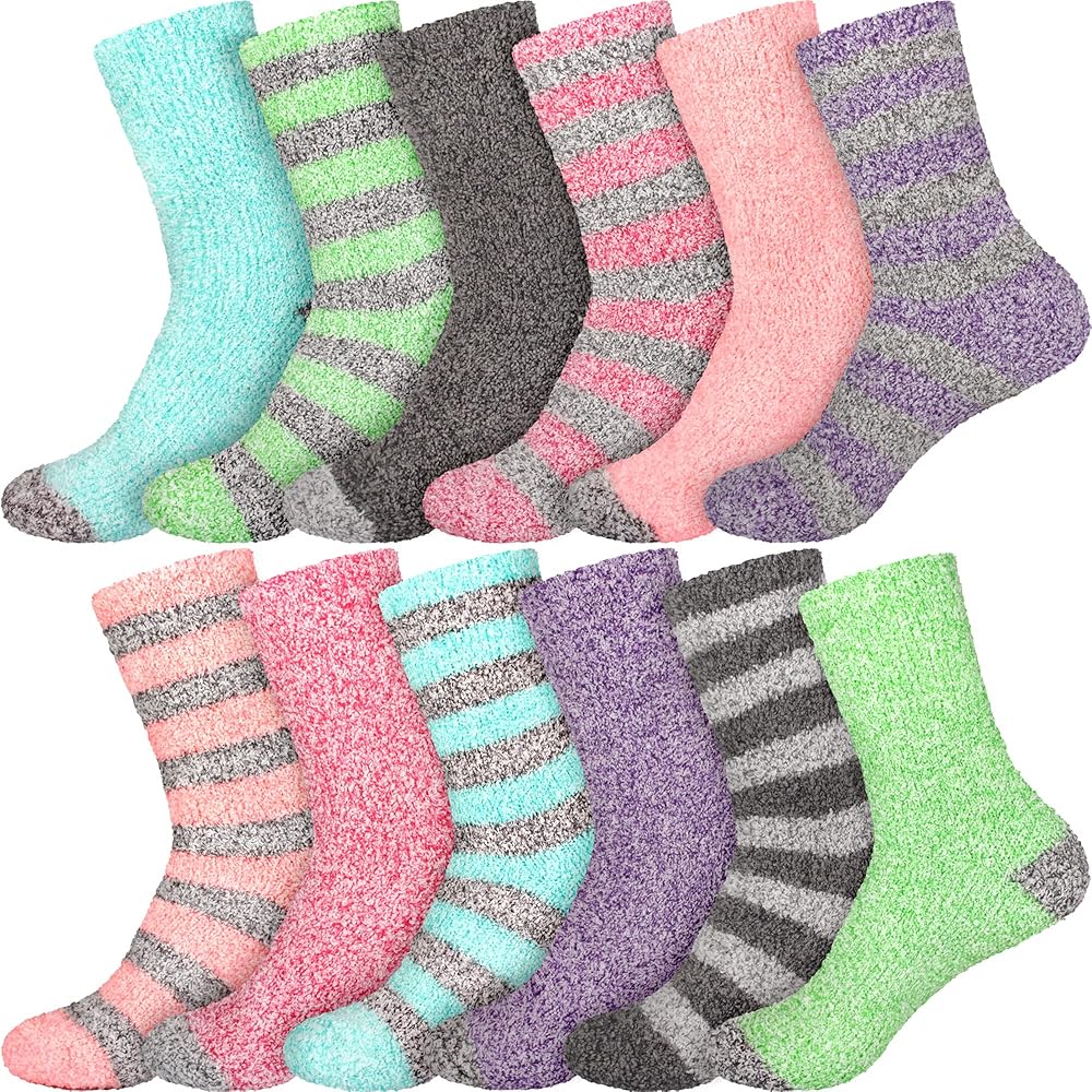 BambooMN Women's Soft Fuzzy Warm Cozy Striped Solid Socks - Assorted Value Packs