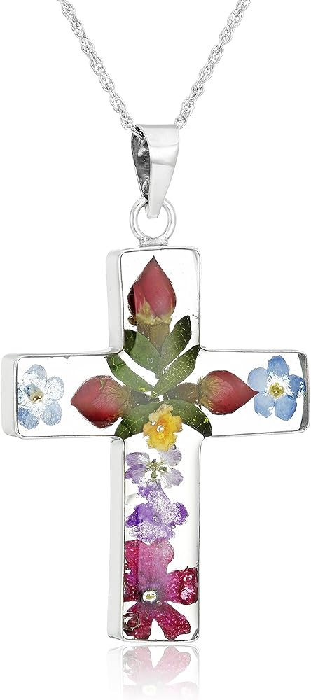 Amazon Essentials 14k Gold Over Sterling Silver Pressed Flower Multi-Colored Cross Pendant Necklace (previously Amazon Collection)