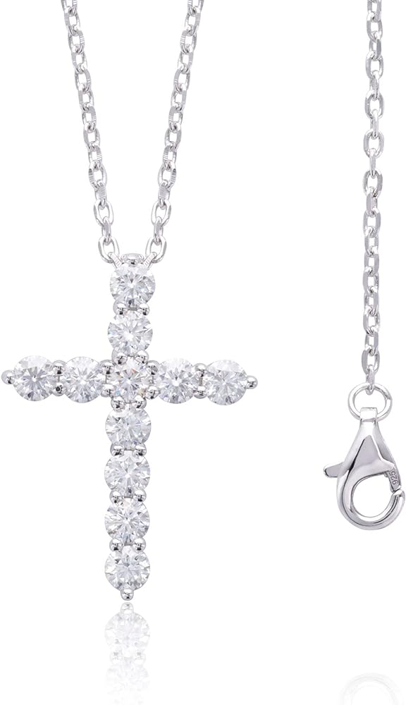 Ladylike 18K Gold Plated Sterling Silver Moissanite Cross Pendant Necklace for Women, with 11 Pieces of 3mm VVS1, D moissanites,Small and Exquisite Necklace,16+2”inches Necklace Chain