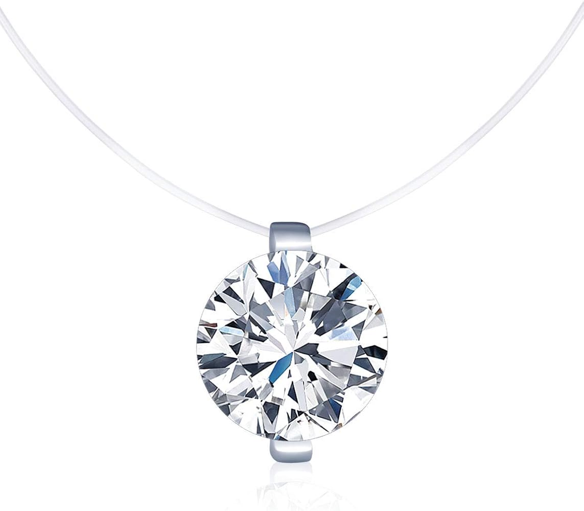 Solitaire Pendant 925 Sterling Silver Cubic Zirconia CZ with Transparent Chain Necklace for Women
