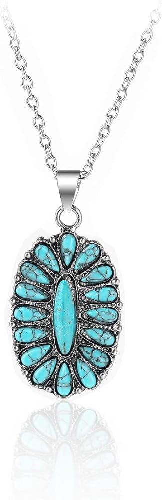 Pingyongchang Natural Turquoise Necklace Boho Bead Silver Cross Vintage Statement Pendant Necklace Handmade Turquoise Western Necklaces Jewelry for Women