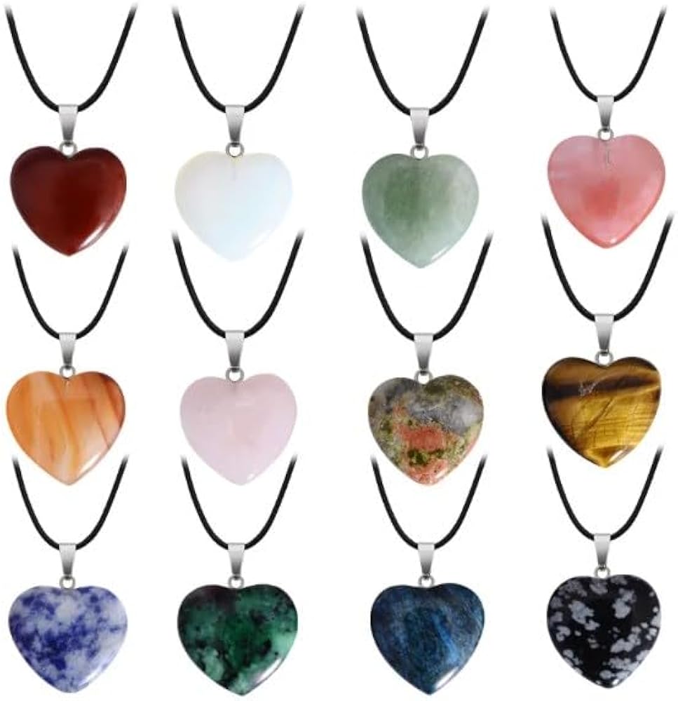 LE SKY 20 Pcs Natural Stone Necklace Healing Heart Gemstone Pendants Crystal Charms PU Leather Cord for Women Jewelry Gift