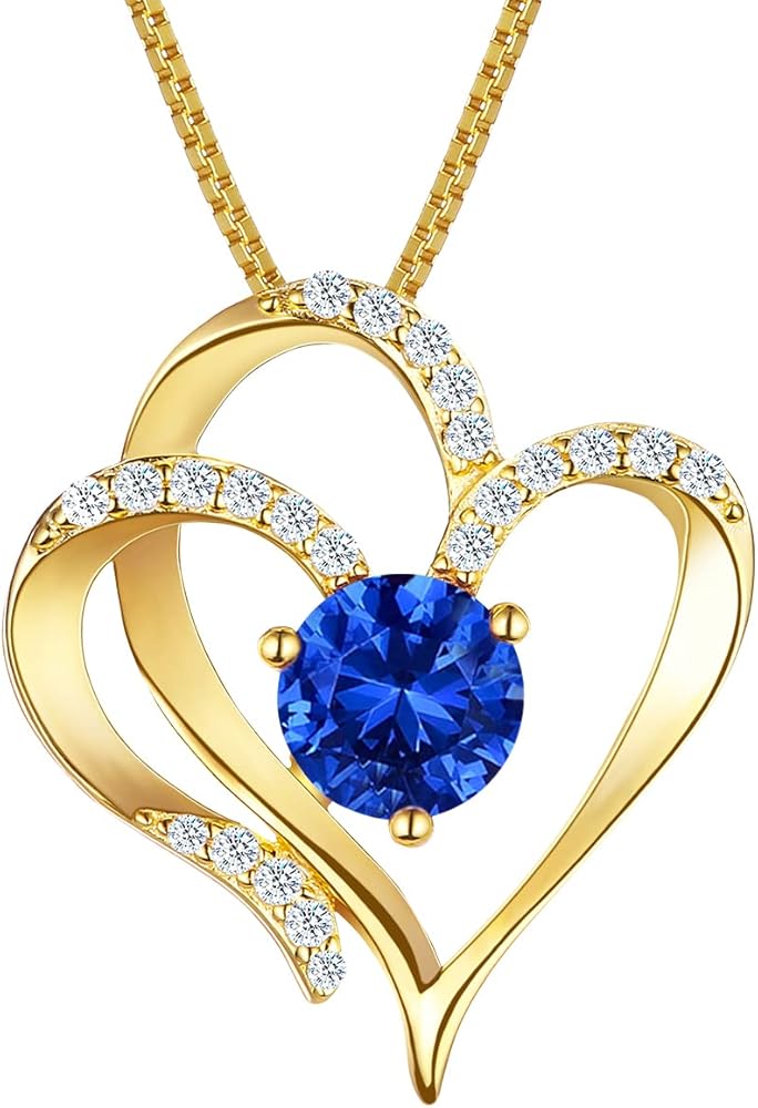 RIVIKO Love Heart Necklace For Women 925 Sterling Silver Gold Plated Zirconia Birthstone Pendant Necklaces for Mother Wife Birthday Christmas Jewelry Gift
