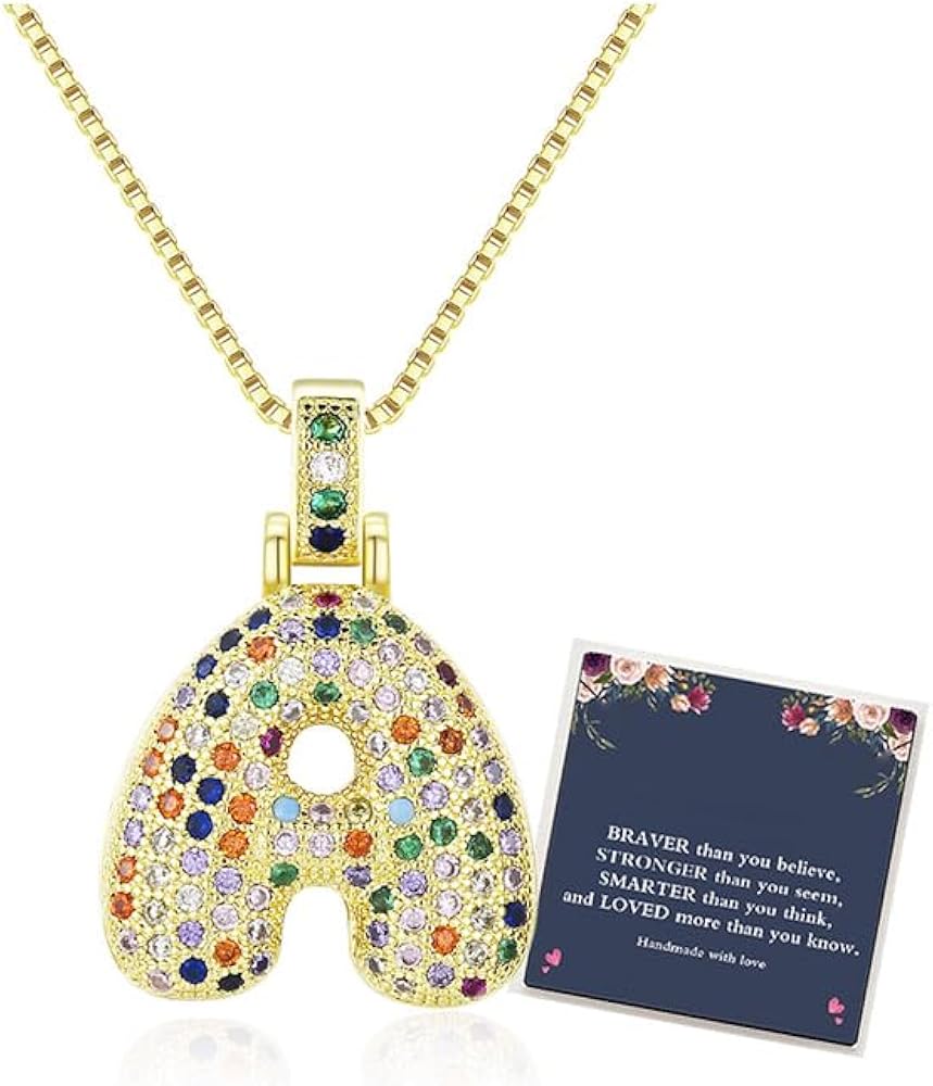 Bubble Letter Necklace Gold For Women, Colorful Pendant Balloon Initial Zirconia Inlaid 18k Gold Plated Statement Gift Jewelry