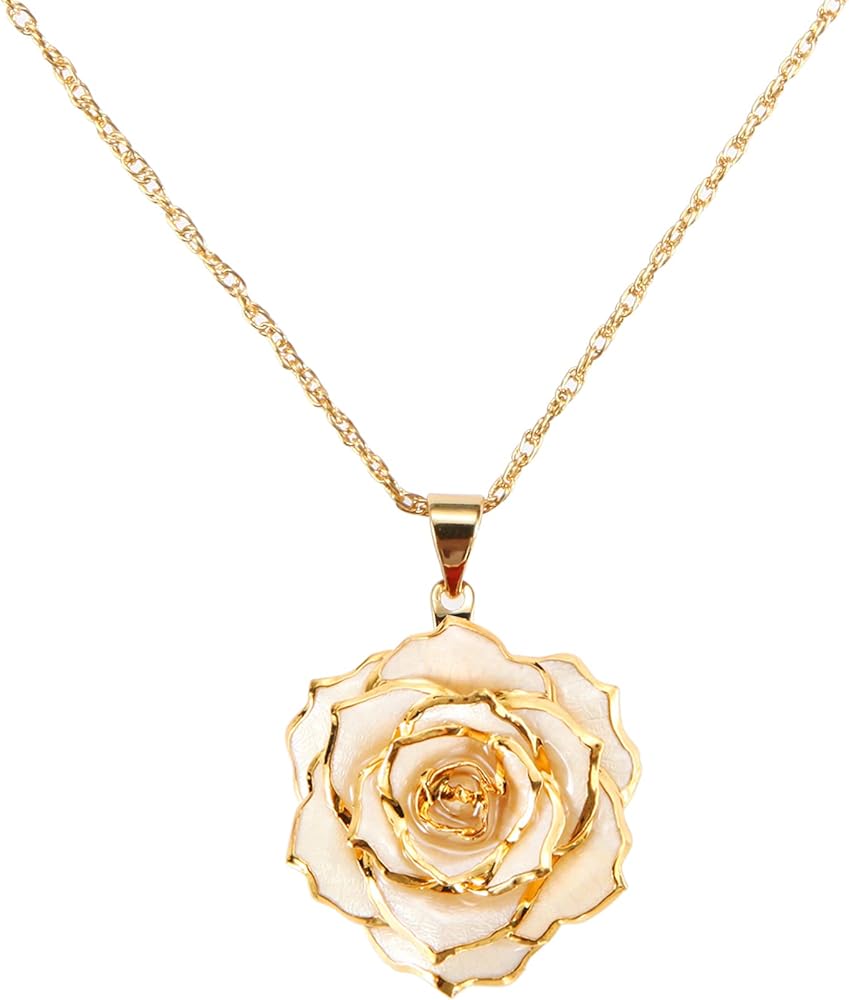AliveRose Real Rose Gold Dipped Necklace Gifts for Women, 24K Gold Rose Pendant Necklace Jewelry Mothers Day Anniversaries Birthday Christmas Special Occasions Gifts for Her Mom Wife Girlfriend
