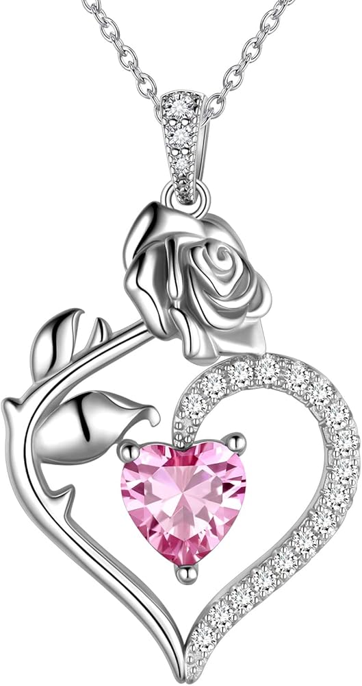 Jewmon Infinity Heart Rose Flower Birthstone Necklace for Women 925 Sterling Silver Birth Stone Flower Rose Necklace Anniversary Love Gifts for Wife Girlfriend Mom Daughter Christmas Gifts for Women