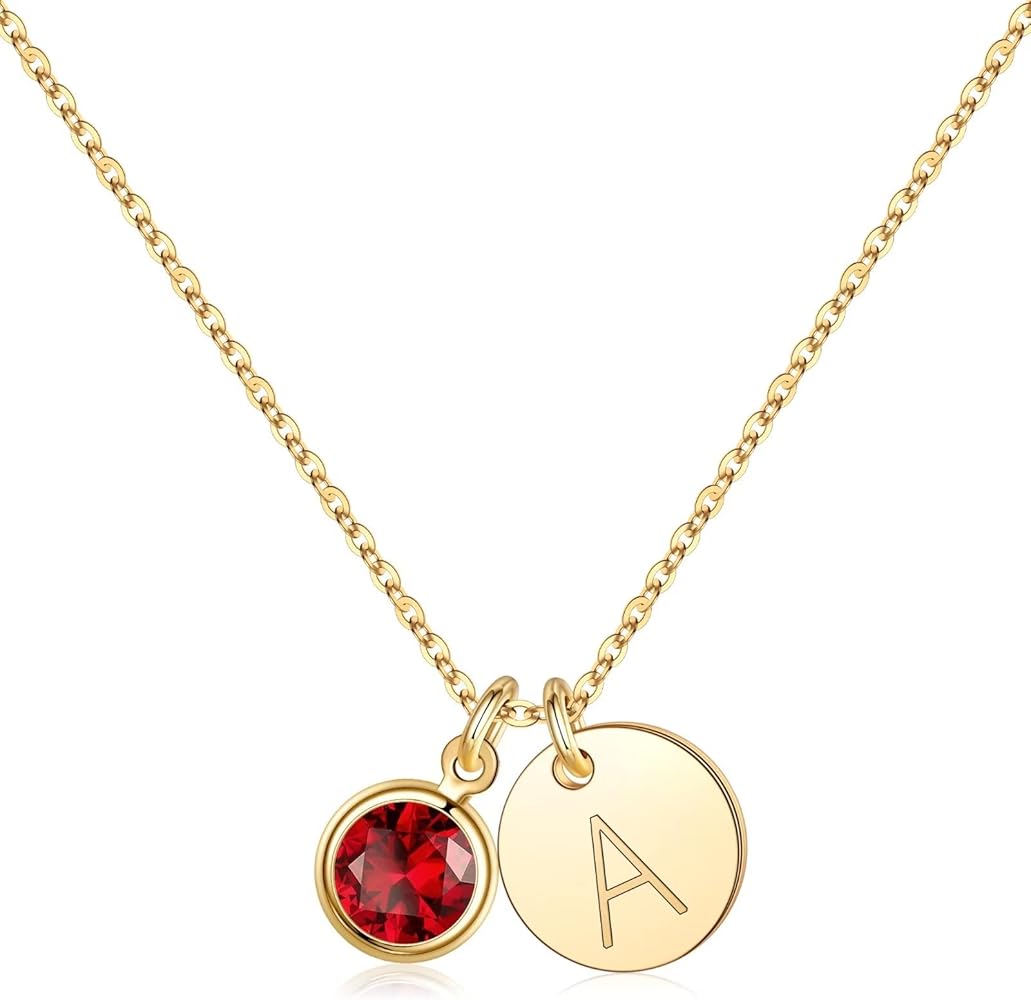 Hidepoo Initial Birthstone Necklace for Women Girls Gifts, 14K Gold Plated Disc Initial Necklace Jewelry Gifts Birthstone Necklace Personalized Initial Birthstone Necklace Christmas Birthday Gifts