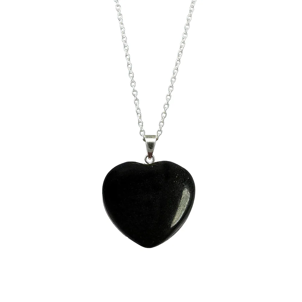 Gempires New Years Gift Natural Black Obsidian Heart Crystals Pendant Necklace, Silver Plated 18 + 2 Inch Adjustable Chain, Gift for Her (Black Obsidian)
