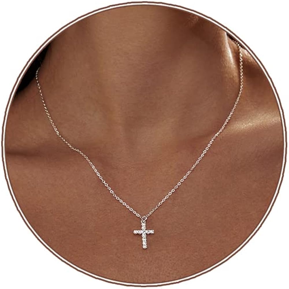 Zeffy Cross Necklace for Women,18K Gold/Silver Plated Tiny Cubic Zirconia Cross Pendant Necklace for Women Simple Layered Cross Necklaces for Women