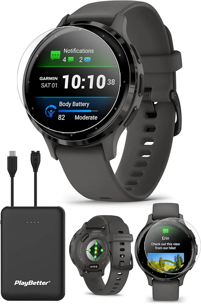 PlayBetter Garmin Venu 3S (Slate/Pebble Gray) Fitness GPS Smartwatch Bundle - AMOLED Touchscreen, 10 Days Battery, Sleep & Recovery - Includes HD Screen Protectors & Portable Charger