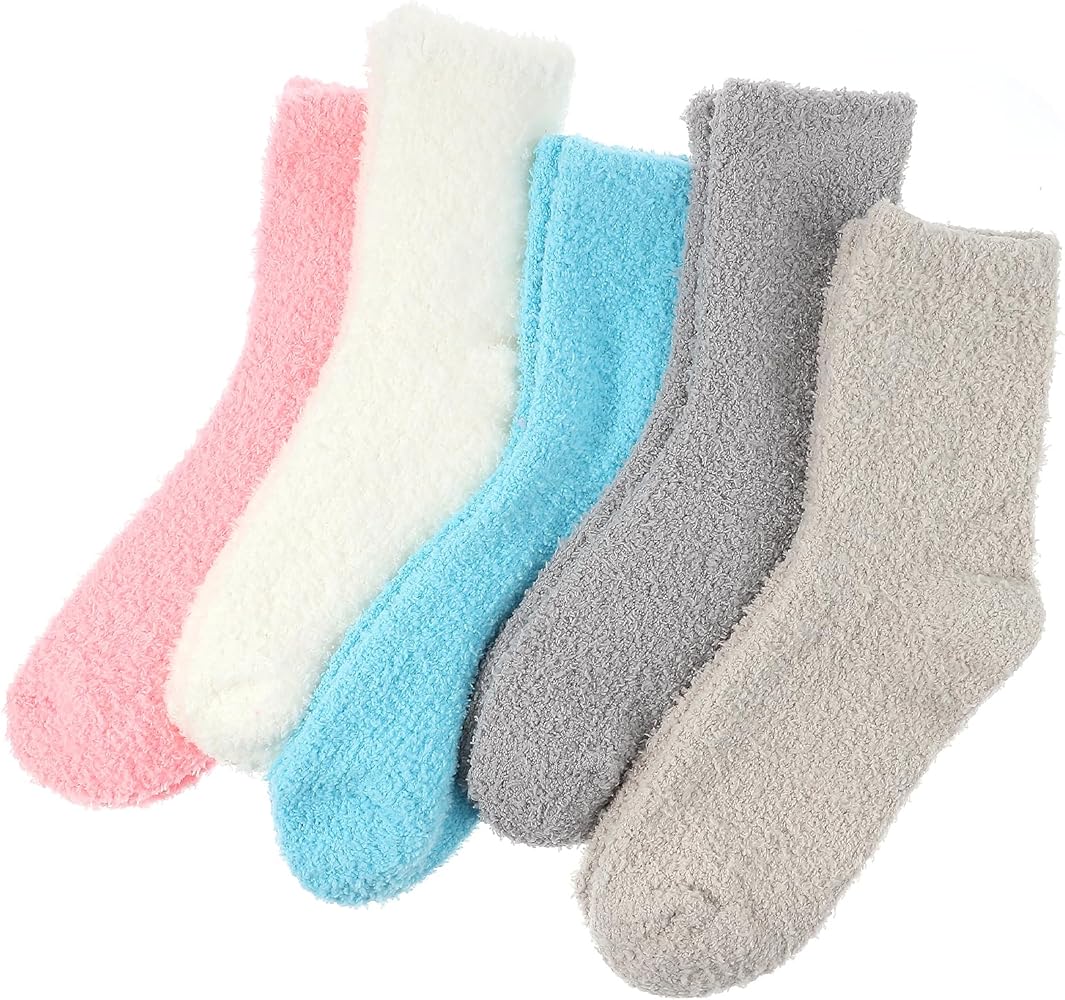 Womens Fuzzy Socks Winter Warm Fluffy Socks Cozy Slipper Socks, 5Pairs Colorful Cute Microfiber Soft Home Sleeping Socks, Winter Plush Crew Socks for Women Size 5-9