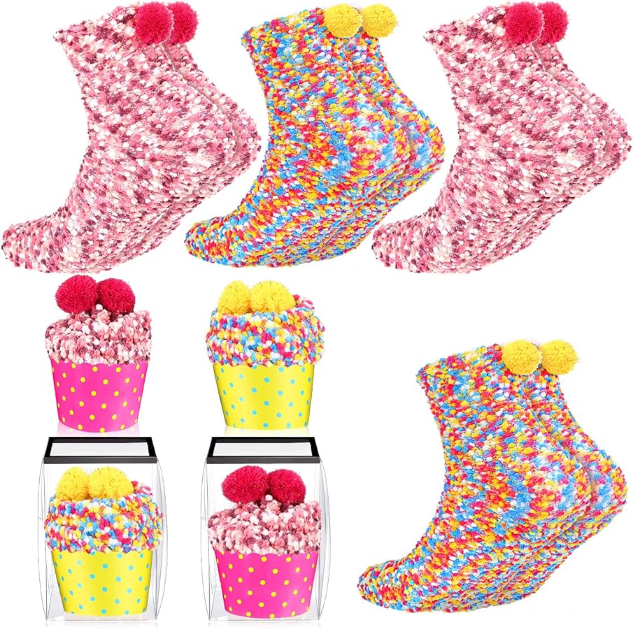 SATINIOR 4 Pairs Valentine's Day Cupcake Socks Gifts for Women Girl Fuzzy Fluffy Sock DIY Present Socks Birthday Gifts