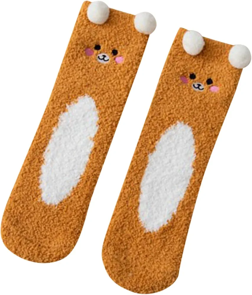 Womens Fuzzy Socks Cartoon Bear Socks Sleep Cute Three- Coral Fleece Floor Socks Fleece Socks Home (Yellow, One Size)