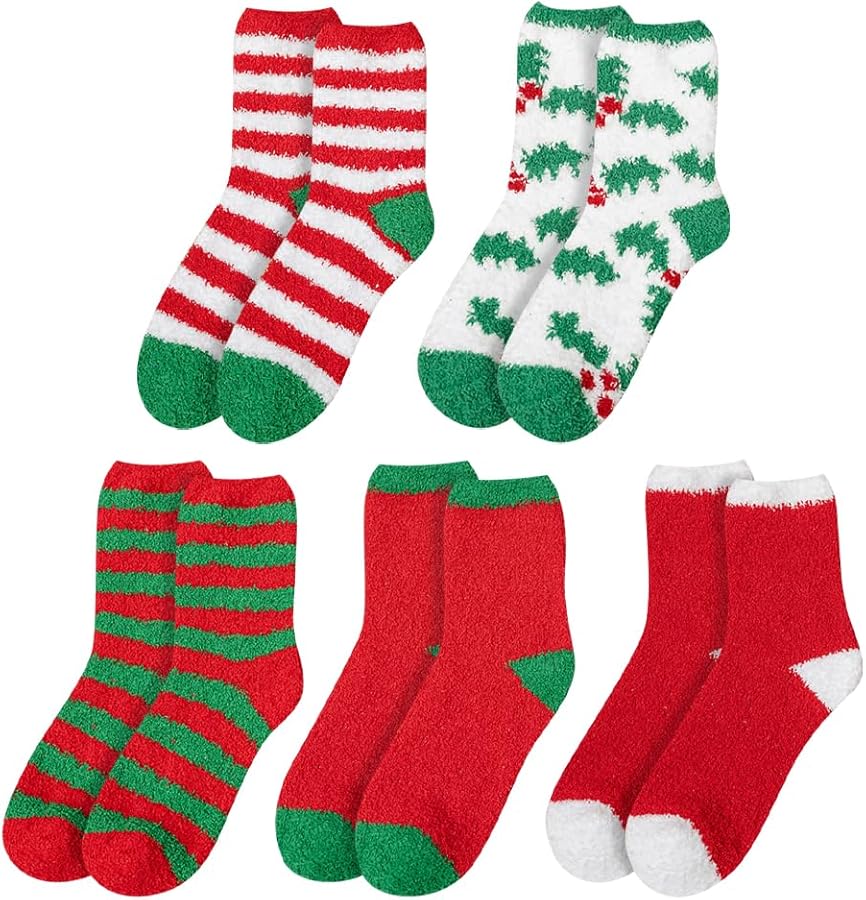 GSHLLO 5 Pairs Christmas Fluffy Bed Socks Winter Warm Slipper Socks Soft Cozy Sleeping Socks Cute Fuzzy Socks