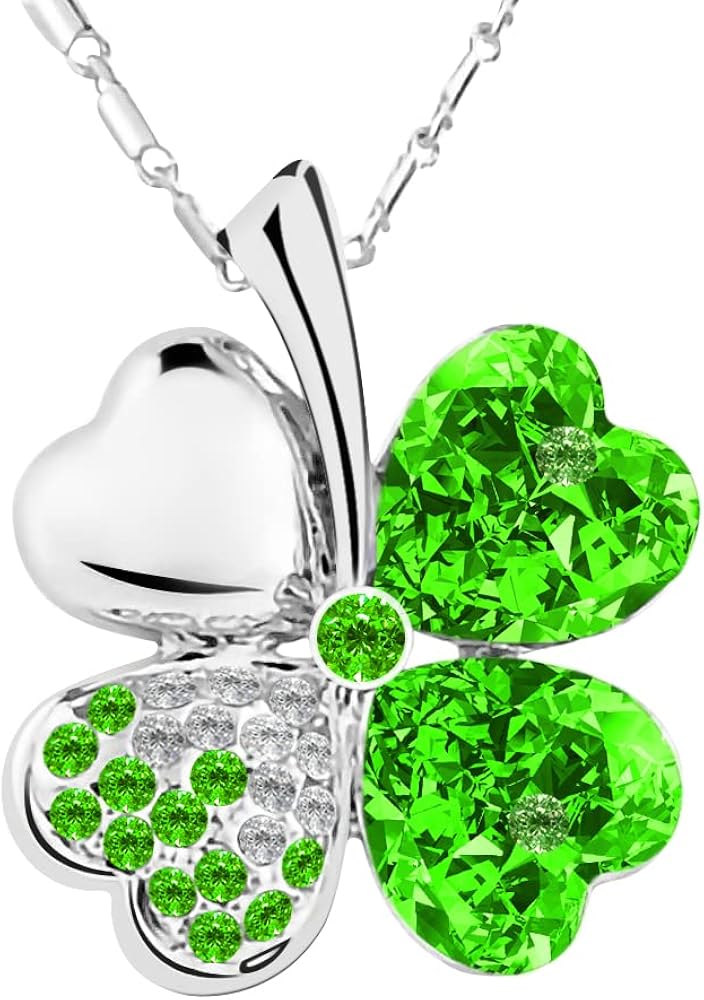 Lucky Love Four Leaf Clovers Necklace Crystals,Heart Crystal Pendant with Necklace