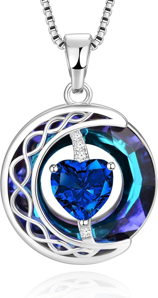 LIANYU Necklace for Women Blue Sapphire Necklace Moon Pendant S925 Sterling Silver Crystal Pendant Gifts for Wife Gifts Birthday Valentine's Day Anniversary Mothers Day