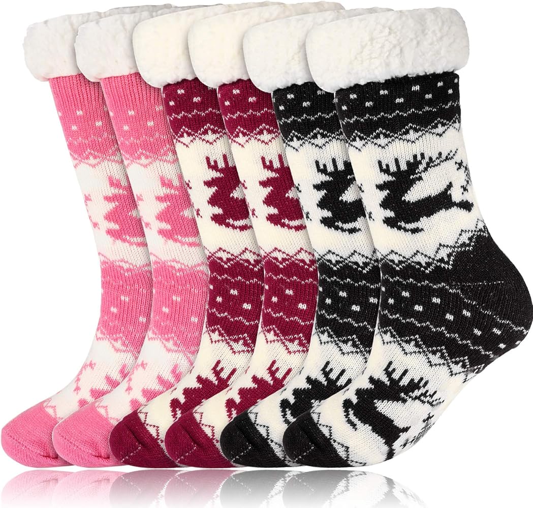 3 Pairs Women Fleece Lined Slipper Socks Christmas Fuzzy Socks Sherpa Soft Warm Cozy Winter Stockings