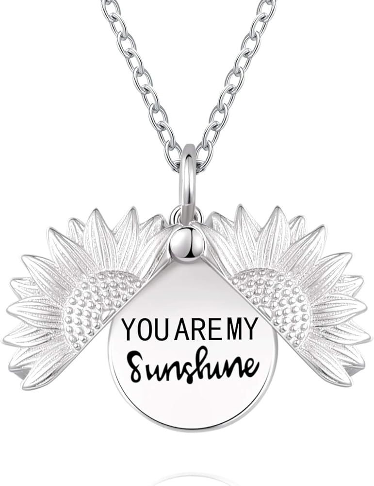 Jinlou You are My Sunshine Stamped Sunflower necklace Locket 925 Sterling Silver Pendant Necklace for Women Teen