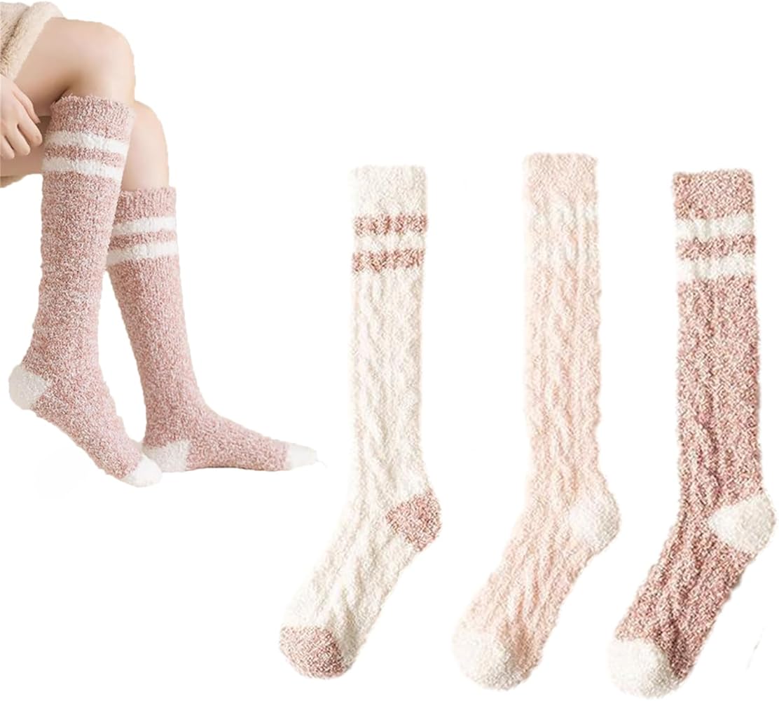 3 Pairs Coral Fleece Knee High Socks, Winter Warm Fuzzy Knee High Socks for Women, Soft Cozy Wool Home Sleeping Slipper Socks