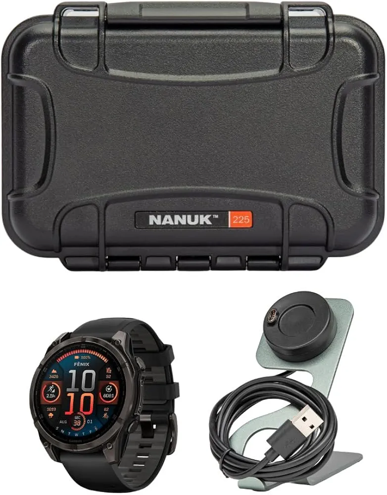 Garmin Fenix 8 Sapphire Solar 47mm Smartwatch with Built-in LED Flashlight (Black and Pebble Gray) Bundle with Waterproof Hard Case (Black) and Focus Camera Charger Stand (3 Items)