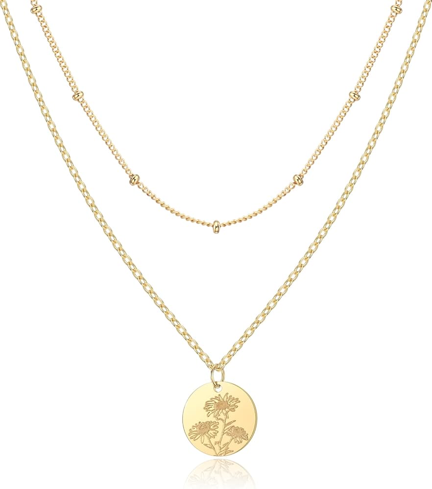 Birth Flower Necklace, Gold Layered Necklaces for Women, Birth Month Flower Necklace Set, Coin Pendant Necklace, Satellite Chain, Birthday Gifts