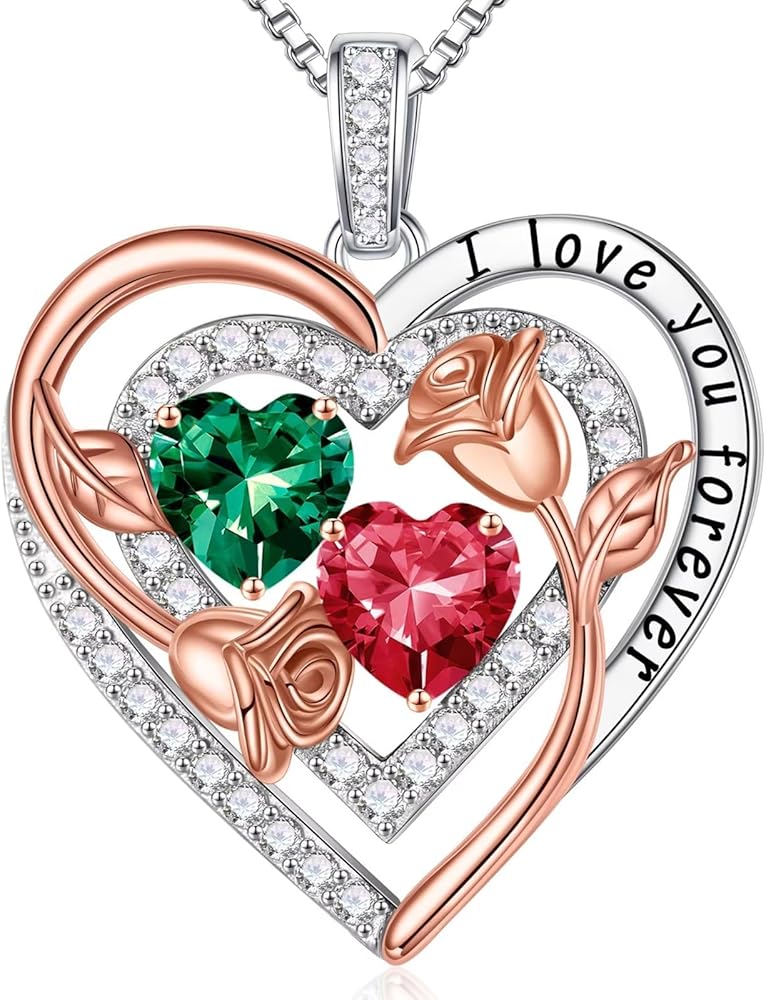 Iefil Rose Heart Birthstone Necklace for Women, Sterling Silver Birthstone Necklace Anniversary Birthday Gifts for Her Wife